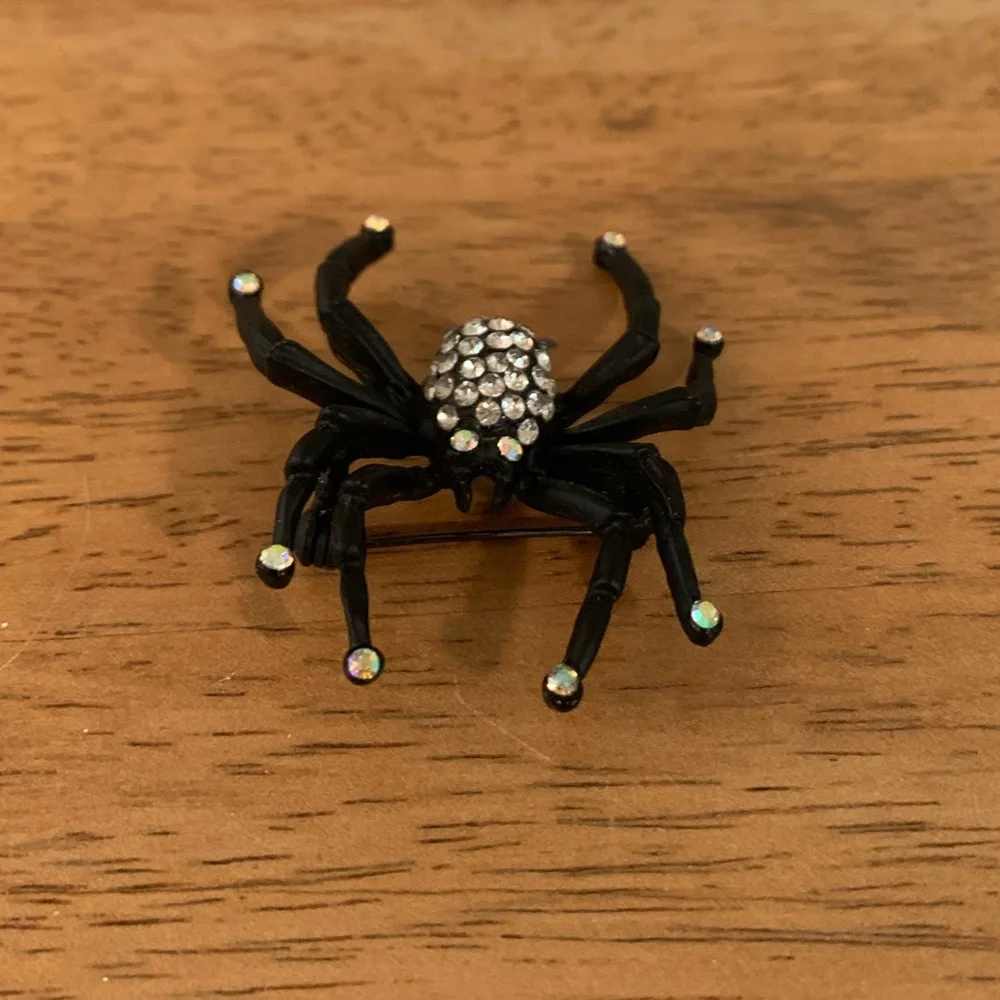 Spider Brooch Pin Black with Rhinestones